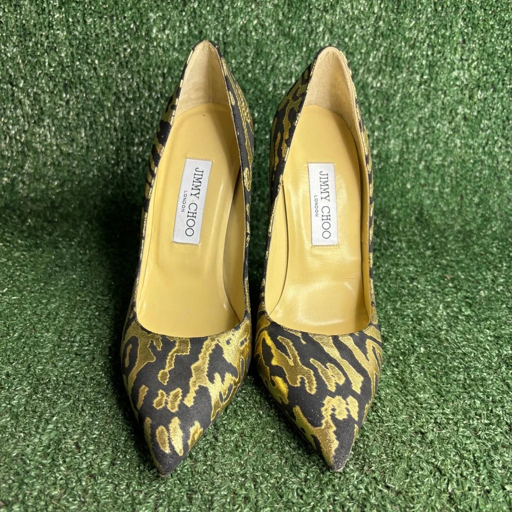 NEW Jimmy Choo‎ Anouk Animal Print Metallic Stiletto Heel Pumps Gold Womens Sz 8